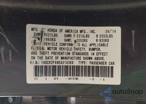 2014 Honda Accord Ex-L z USA, uszkodzony, nr VIN 1HGCR2F89EA218369
